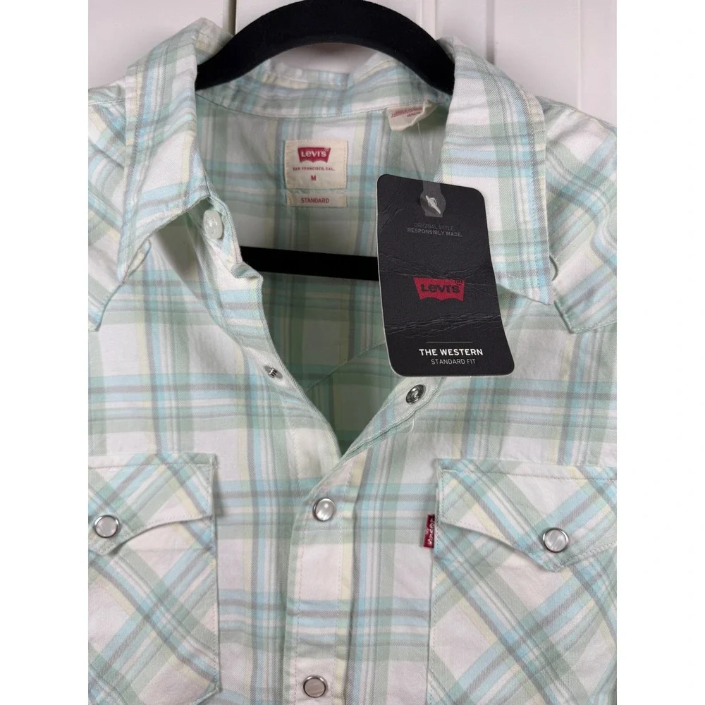 Levis Western Standard Fit Pearl Snap Shirt Mens Medium Green White Plaid NWT